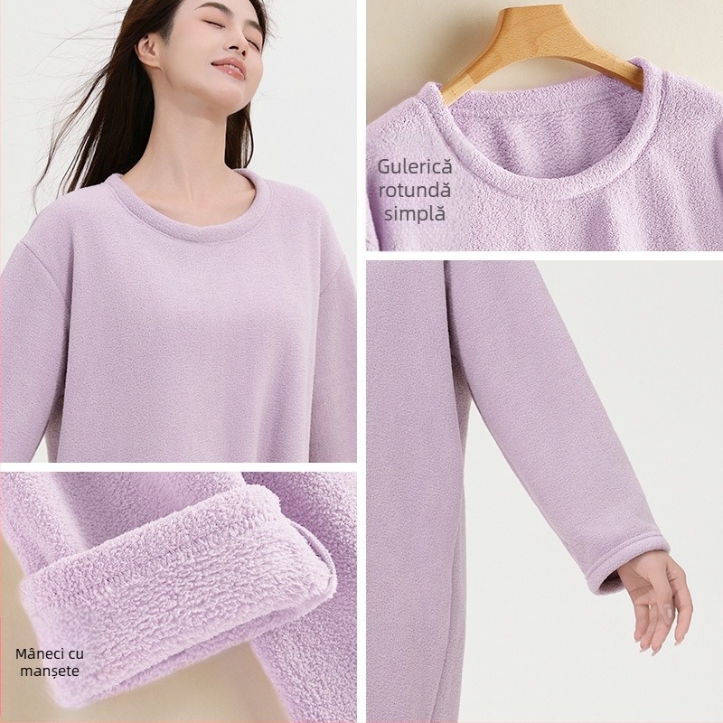 Rochie de noapte Half Velvet pentru femei, pijamă moale și confortabilă pentru toamnă-iarna, croială lejeră, guler rotund, mâneci lungi, lungă, poate fi purtată și în exterior