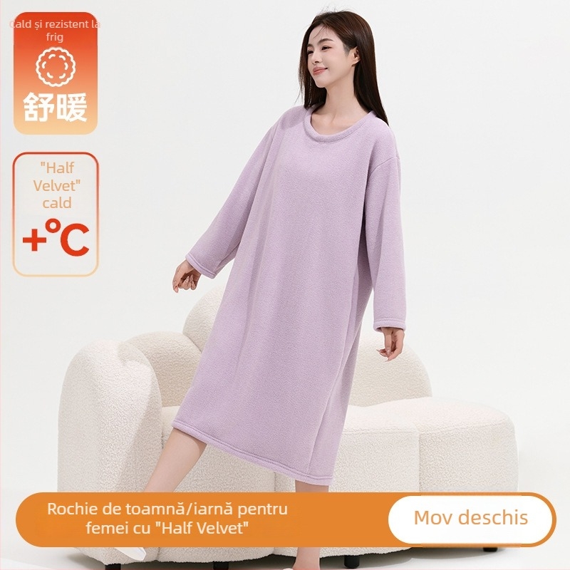 Rochie de noapte Half Velvet pentru femei, pijamă moale și confortabilă pentru toamnă-iarna, croială lejeră, guler rotund, mâneci lungi, lungă, poate fi purtată și în exterior