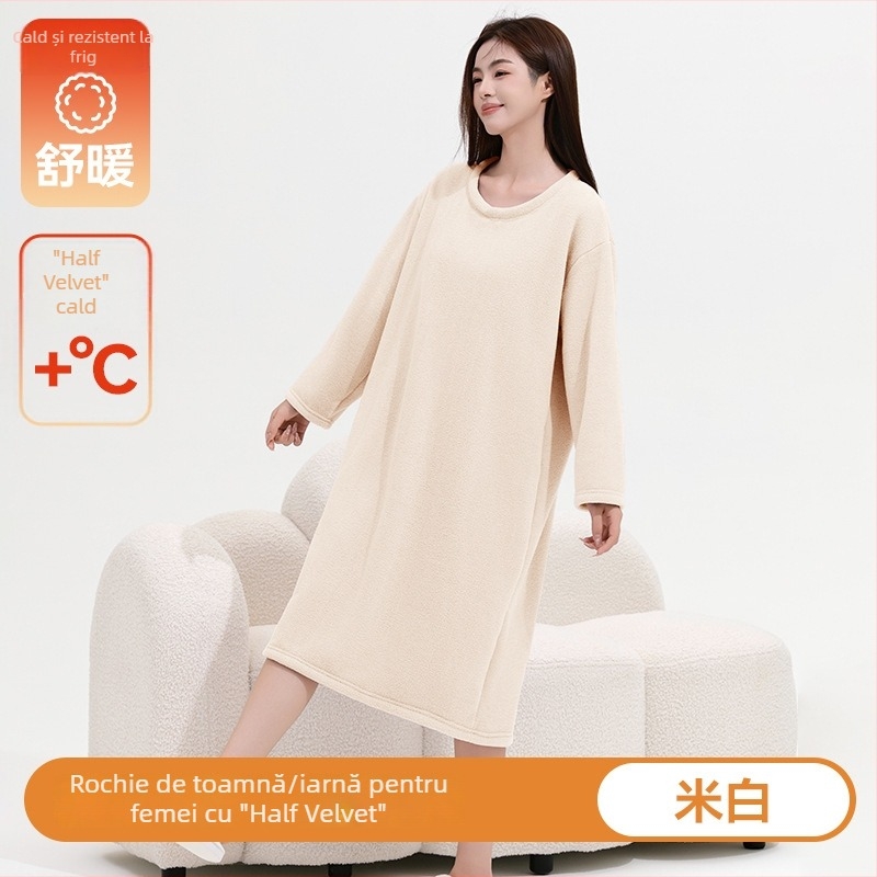 Rochie de noapte Half Velvet pentru femei, pijamă moale și confortabilă pentru toamnă-iarna, croială lejeră, guler rotund, mâneci lungi, lungă, poate fi purtată și în exterior