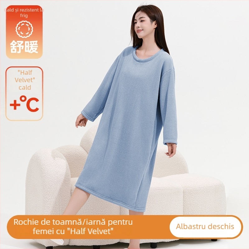 Rochie de noapte Half Velvet pentru femei, pijamă moale și confortabilă pentru toamnă-iarna, croială lejeră, guler rotund, mâneci lungi, lungă, poate fi purtată și în exterior