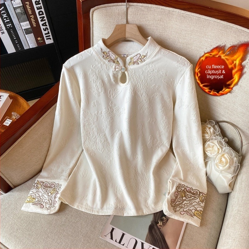 Cămașă cu guler înalt, țesătură jacquard și broderie, model geometric, mâneci lungi