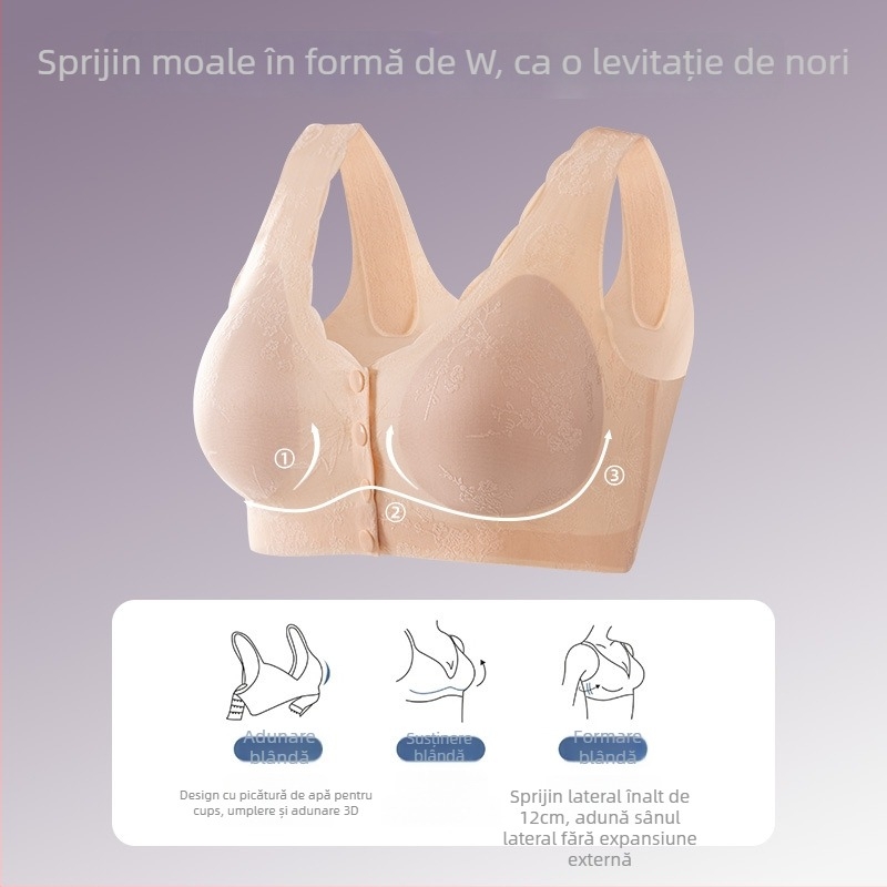 Sutien fără cusături în stil vestă, cu închidere frontală; material: nylon; căptușeală viscoză 80–90%; cupă completă cu burete; bretele fixe
