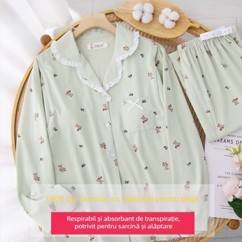 Pijama de alăptare postnatal, din bumbac 100%, pentru toate anotimpurile, cu perne pentru sâni; Țesătură: Tr fabric; Țesătură principală: PVC; Conținutul țesăturii principale: ≤30%; Mâneci lungi; Guler polo