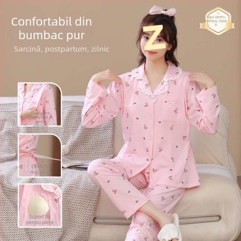 Pijama de alăptare postnatal, din bumbac 100%, pentru toate anotimpurile, cu perne pentru sâni; Țesătură: Tr fabric; Țesătură principală: PVC; Conținutul țesăturii principale: ≤30%; Mâneci lungi; Guler polo