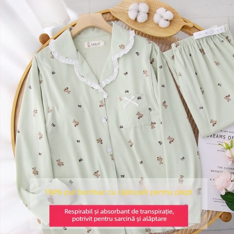 Pijama de alăptare postnatal, din bumbac 100%, pentru toate anotimpurile, cu perne pentru sâni; Țesătură: Tr fabric; Țesătură principală: PVC; Conținutul țesăturii principale: ≤30%; Mâneci lungi; Guler polo