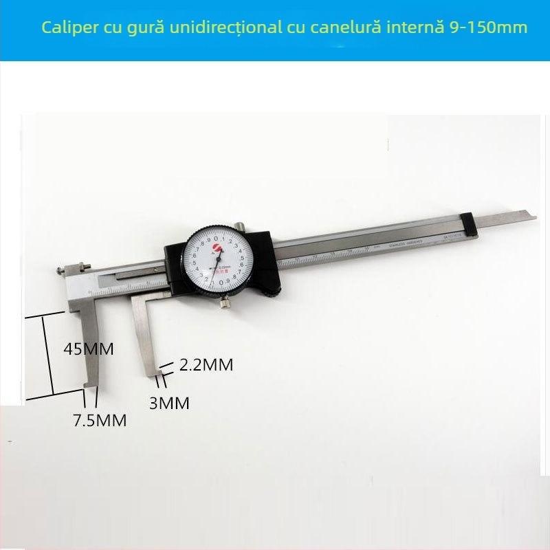 Shangshen caliper cu bandă, cu ceas, canelură internă, gheare lungi, model 9-150mm, interval de măsură 9-150mm, rezoluție 0,02 mm