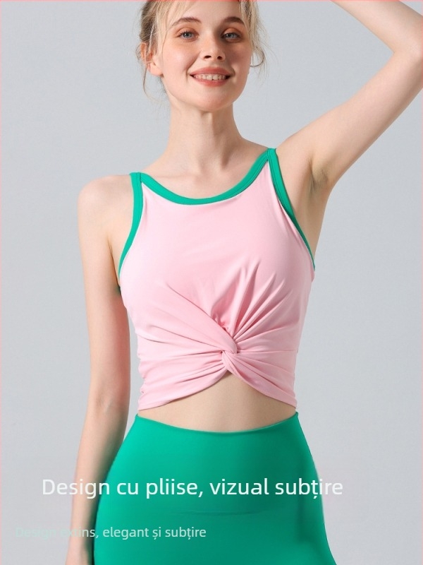 Set femei sutien sport fără mâneci și pantaloni de yoga, Nylon-Spandex, cu pernă pentru sân, top pulover