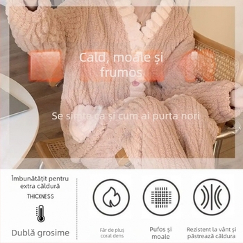 Set de loungewear din flanelă pentru femei: cardigan gros cu decolteu în V și pantaloni, cald și respirabil, poate fi purtat și în exterior