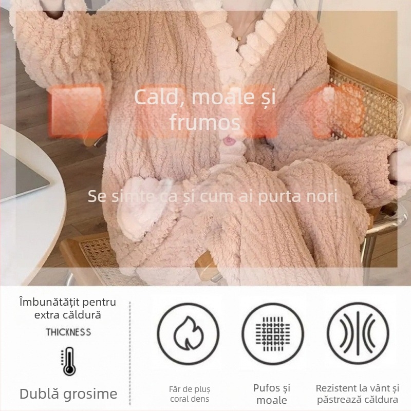 Set de loungewear din flanelă pentru femei: cardigan gros cu decolteu în V și pantaloni, cald și respirabil, poate fi purtat și în exterior