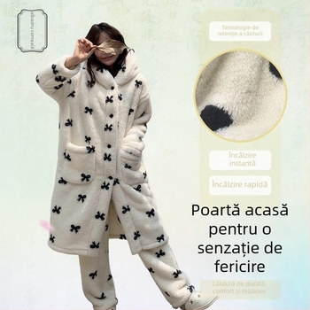 Set de pijamale din fleece coral pentru femei, cu glugă, ultra-gros, top cardigan cu guler înalt, mâneci lungi și pantaloni, model cu buline și dungi orizontale, cald și confortabil