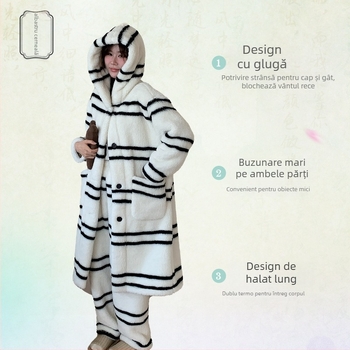 Set de pijamale din fleece coral pentru femei, cu glugă, ultra-gros, top cardigan cu guler înalt, mâneci lungi și pantaloni, model cu buline și dungi orizontale, cald și confortabil