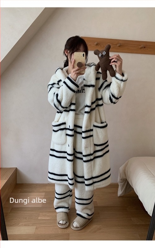 Set de pijamale din fleece coral pentru femei, cu glugă, ultra-gros, top cardigan cu guler înalt, mâneci lungi și pantaloni, model cu buline și dungi orizontale, cald și confortabil