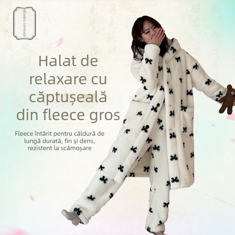 Set de pijamale din fleece coral pentru femei, cu glugă, ultra-gros, top cardigan cu guler înalt, mâneci lungi și pantaloni, model cu buline și dungi orizontale, cald și confortabil