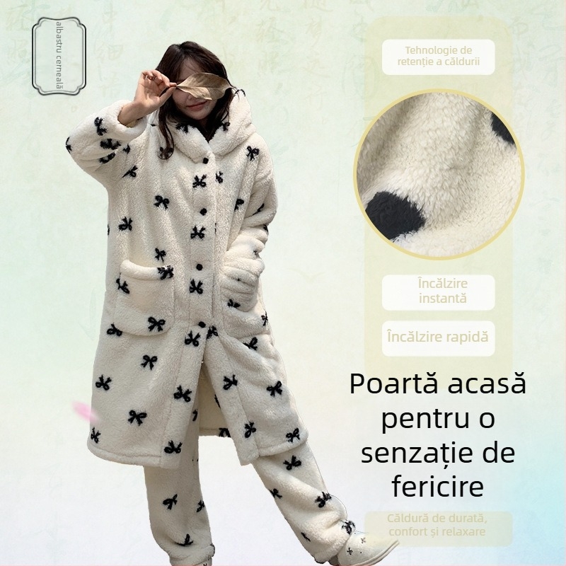 Set de pijamale din fleece coral pentru femei, cu glugă, ultra-gros, top cardigan cu guler înalt, mâneci lungi și pantaloni, model cu buline și dungi orizontale, cald și confortabil