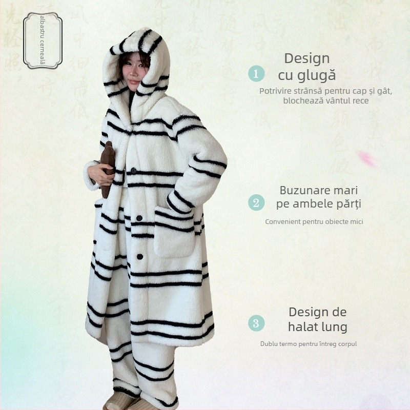 Set de pijamale din fleece coral pentru femei, cu glugă, ultra-gros, top cardigan cu guler înalt, mâneci lungi și pantaloni, model cu buline și dungi orizontale, cald și confortabil