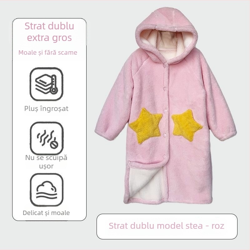 Halat de baie pentru copii, dublu strat, toamnă–iarna, din flanel cu fleece coral, gros, potrivit pentru purtare în exterior, stil dulce