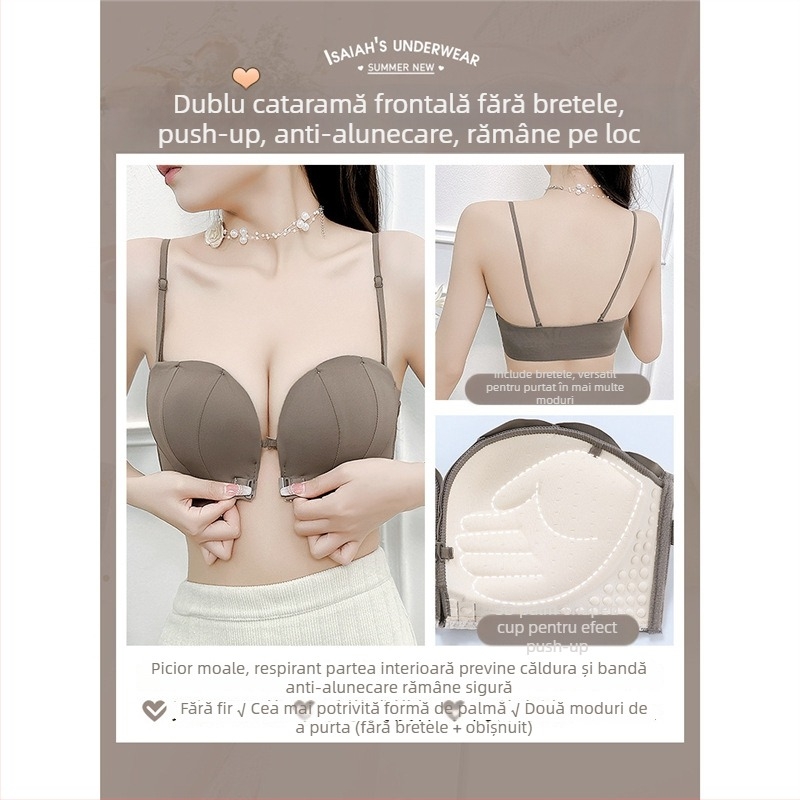 Sutien fara bretele cu inchidere frontala, bretele detasabile, push-up si adunare, cupa 3/4, nylon