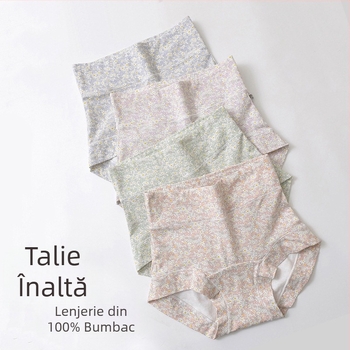 Chiloți femei din bumbac, talie înaltă, imprimeu floral, respirabili, susțin ridicarea feselor, cu căptușeală din bumbac