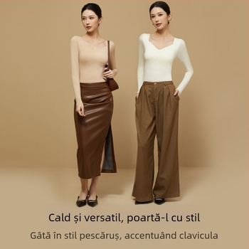 Top de bază cu sutien integrat – decolteu în V, nylon, mâneci lungi, antibacterian și cald