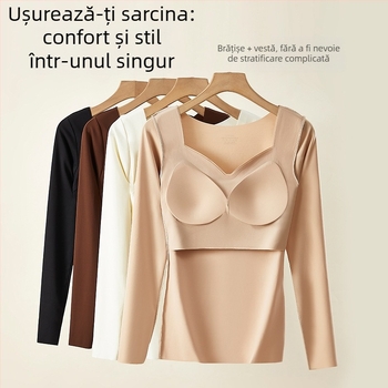 Top de bază cu sutien integrat – decolteu în V, nylon, mâneci lungi, antibacterian și cald