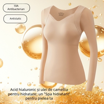 Top de bază cu sutien integrat – decolteu în V, nylon, mâneci lungi, antibacterian și cald