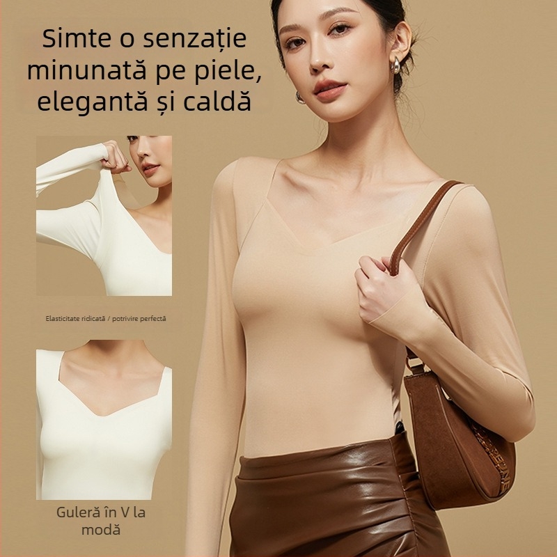 Top de bază cu sutien integrat – decolteu în V, nylon, mâneci lungi, antibacterian și cald