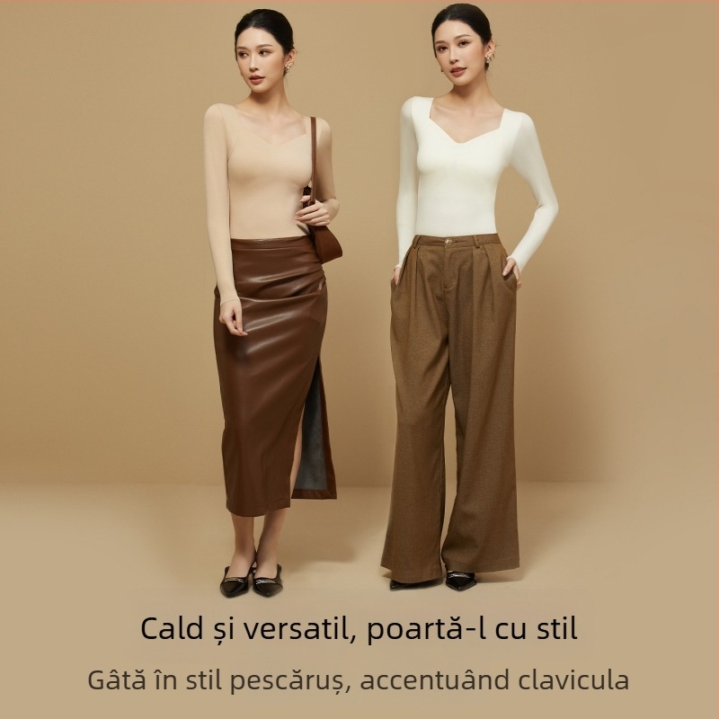 Top de bază cu sutien integrat – decolteu în V, nylon, mâneci lungi, antibacterian și cald