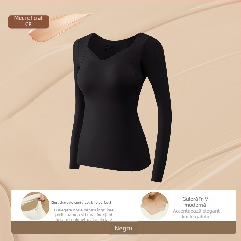 Top de bază cu sutien integrat – decolteu în V, nylon, mâneci lungi, antibacterian și cald