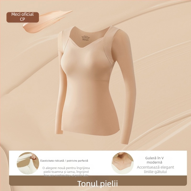 Top de bază cu sutien integrat – decolteu în V, nylon, mâneci lungi, antibacterian și cald