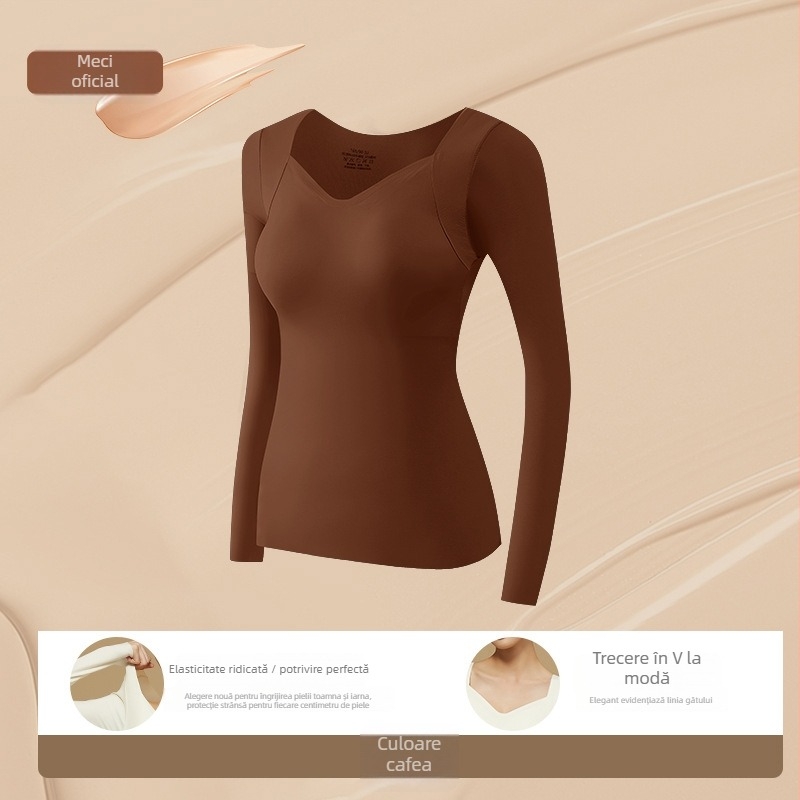 Top de bază cu sutien integrat – decolteu în V, nylon, mâneci lungi, antibacterian și cald