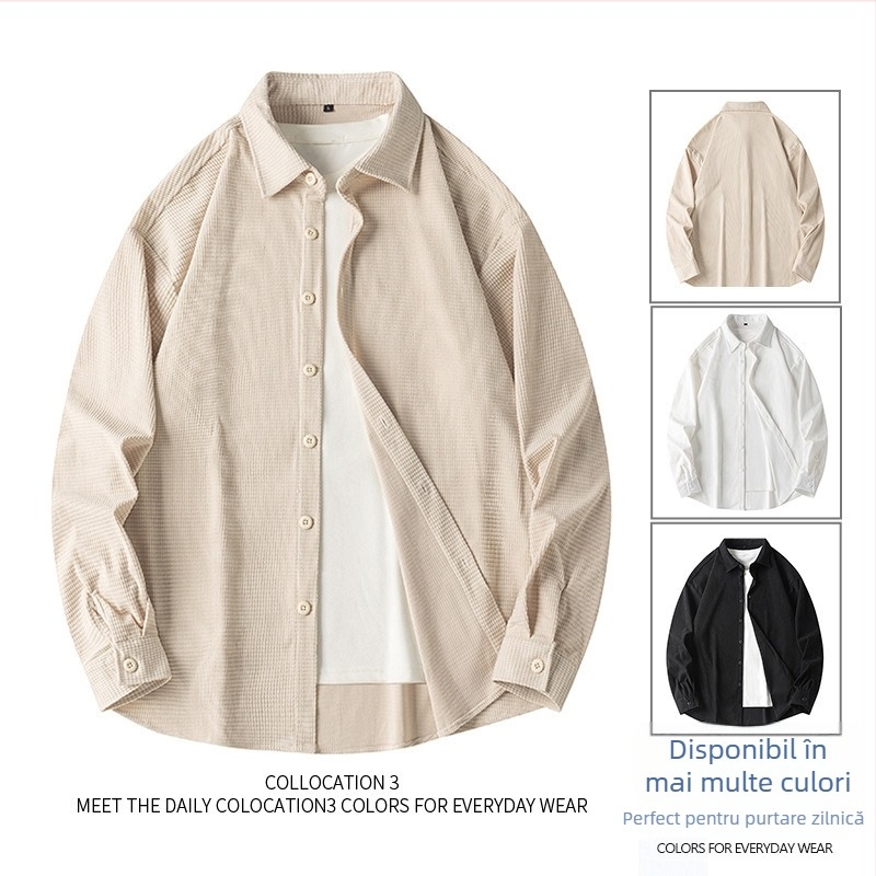 Cămașă corduroy, rever cu guler, mâneci lungi, culoare solidă, croială slim, poliester 96%+