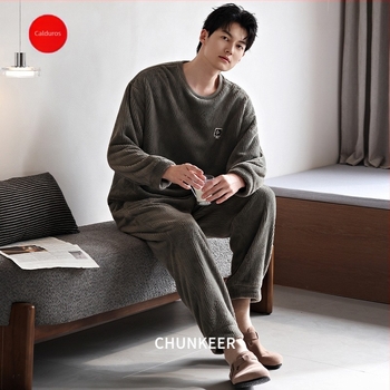 Set de pijamale din flanel pentru bărbați, grosime extra, căptușit cu fleece, pulover cu guler rotund, mâneci lungi, stil casual, haine de casă de iarnă