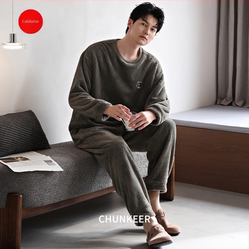 Set de pijamale din flanel pentru bărbați, grosime extra, căptușit cu fleece, pulover cu guler rotund, mâneci lungi, stil casual, haine de casă de iarnă