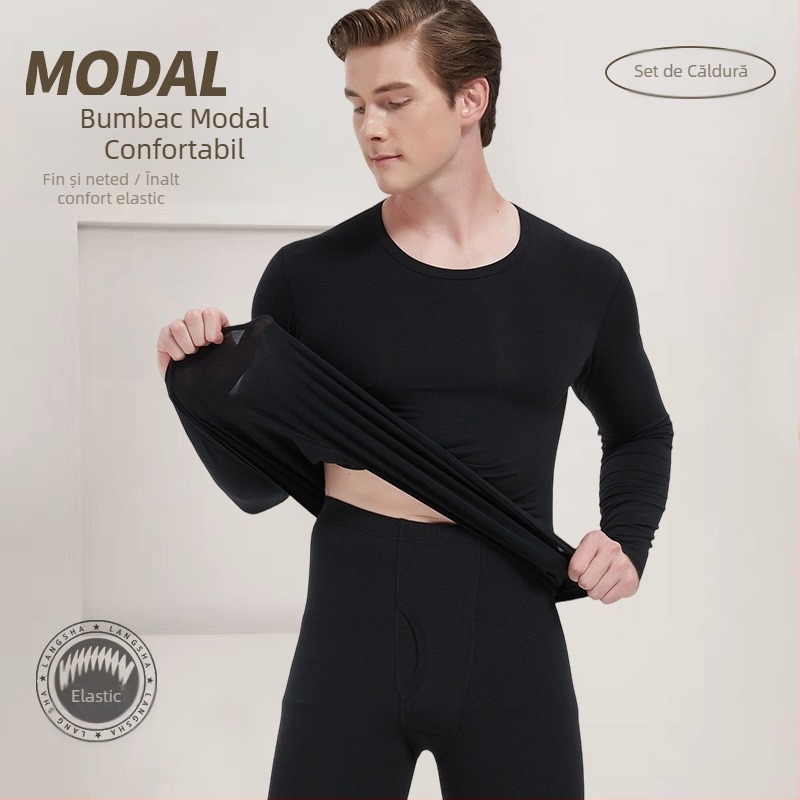 Set de lenjerie termică pentru bărbați — țesătură modal, căptușeală din bumbac, material subțire, căldură moderată, croială Slim