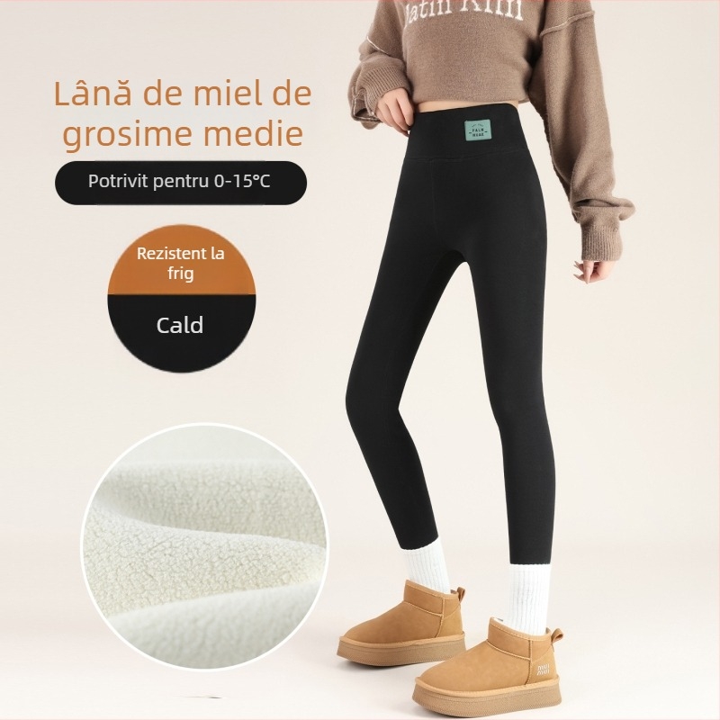 Pantaloni termici pentru femei cu căptușeală din fleece, talie înaltă, controlul abdomenului, groși și calzi, 95% bumbac