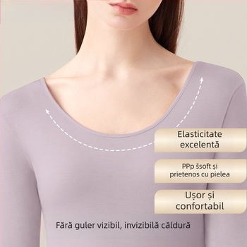 Lenjerie termică de damă cu linie extinsă, bumbac pur, elastică, croială slim, guler rotund