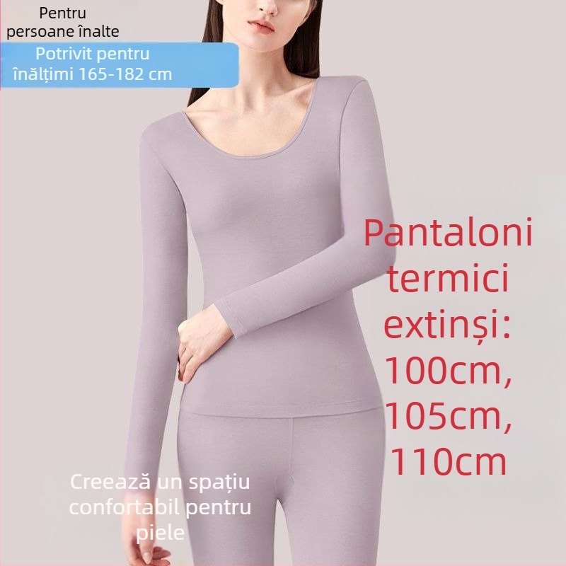 Lenjerie termică de damă cu linie extinsă, bumbac pur, elastică, croială slim, guler rotund