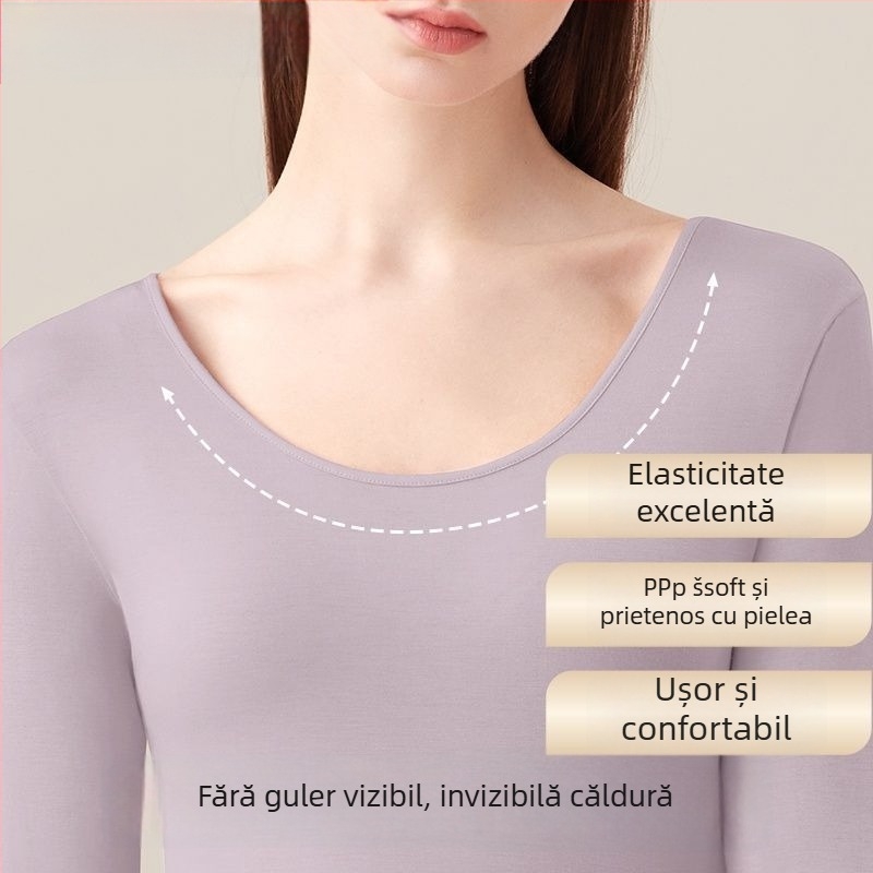 Lenjerie termică de damă cu linie extinsă, bumbac pur, elastică, croială slim, guler rotund