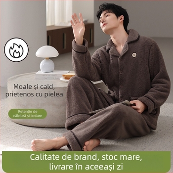 Set de pijamale pentru bărbați, toamnă-iarnă, lână de miel plușată, mărime mare, stil nou, poate fi purtat și afară, ținută confortabilă pentru acasă