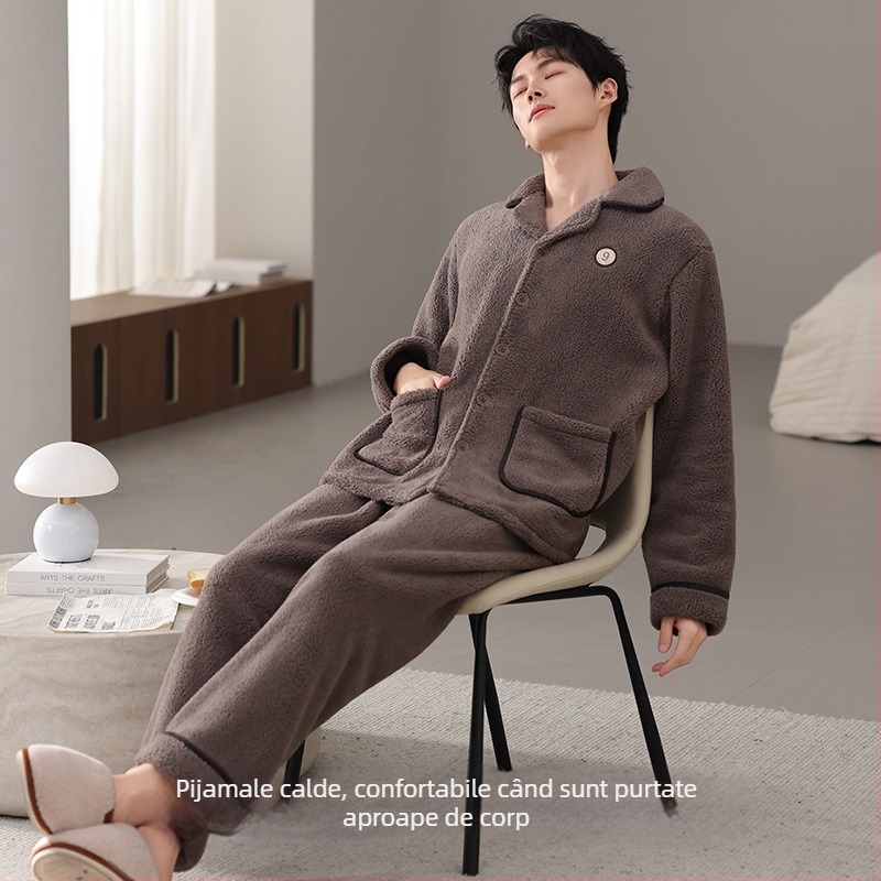 Set de pijamale pentru bărbați, toamnă-iarnă, lână de miel plușată, mărime mare, stil nou, poate fi purtat și afară, ținută confortabilă pentru acasă