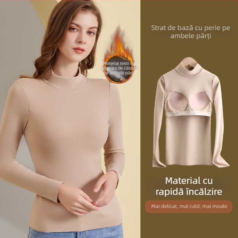 Top termic din velur pentru femei, cu guler semi-înălțat, dublu strat, mânecă lungă, greutate țesătură 251–300 g/m²