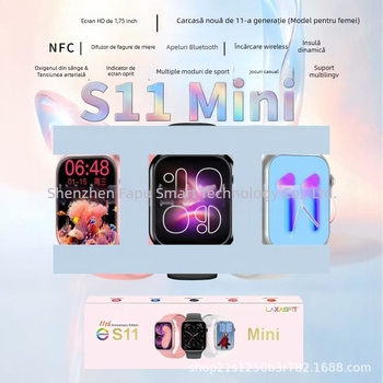 Ceas inteligent S11Mini - ecran TFT, baterie de 150 mAh cu autonomie 7-14 zile, senzori de sănătate: ritm cardiac, tensiune arterială și saturație de oxigen, încărcare wireless, compatibil cu iOS