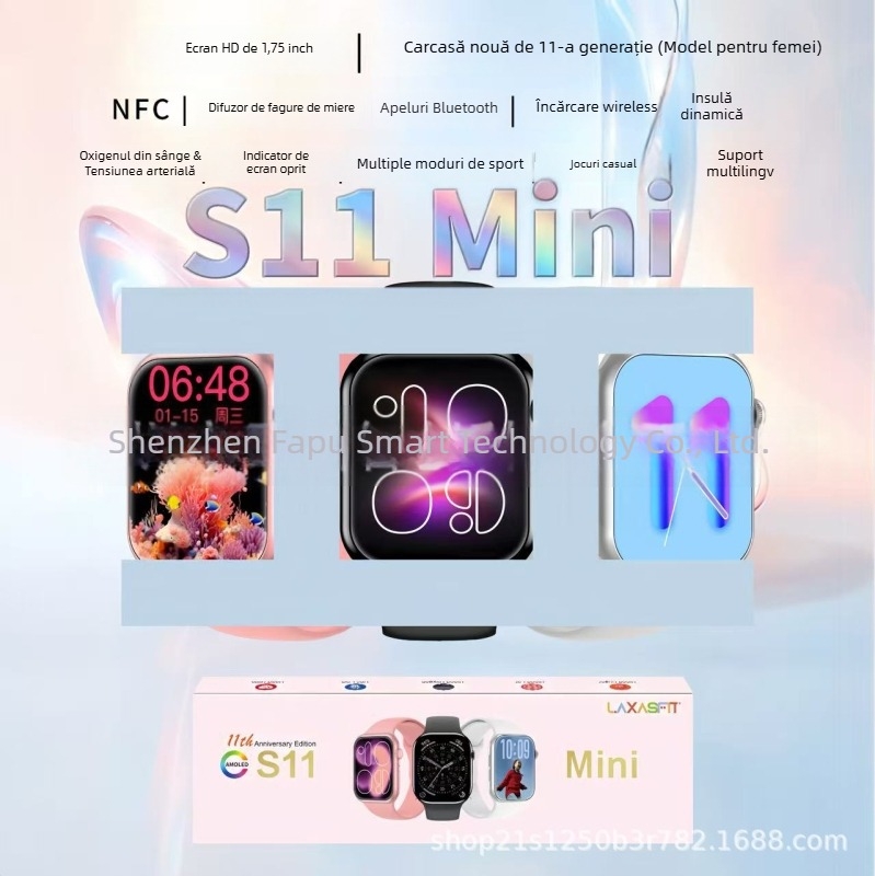 Ceas inteligent S11Mini - ecran TFT, baterie de 150 mAh cu autonomie 7-14 zile, senzori de sănătate: ritm cardiac, tensiune arterială și saturație de oxigen, încărcare wireless, compatibil cu iOS