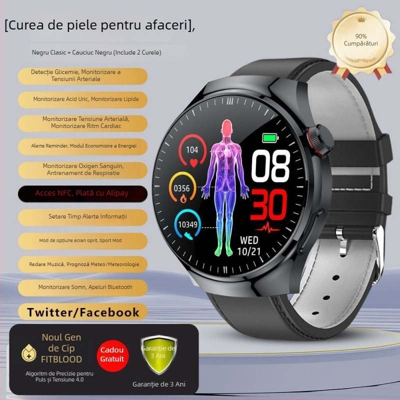 Ceas inteligent pentru monitorizarea sănătății cu măsurare glicemiei, tensiune arterială, ritm cardiac, somn și oxigen în sânge