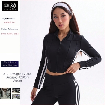 Set de yoga pentru femei cu jachetă de tip clopot și pantaloni evazați, mâneci lungi, fermoar, în dungă, lungime 9/10, poliester-elastan (89,5%/10,5%)