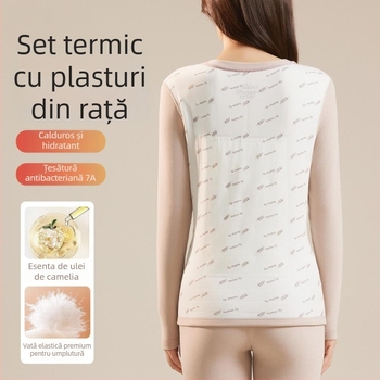 Set termic pentru femei de bază: top și pantaloni cu căptușeală din fleece, țesătură principală din poliester cu căptușeală elastan, gros de 181–200 g/m², menține căldura