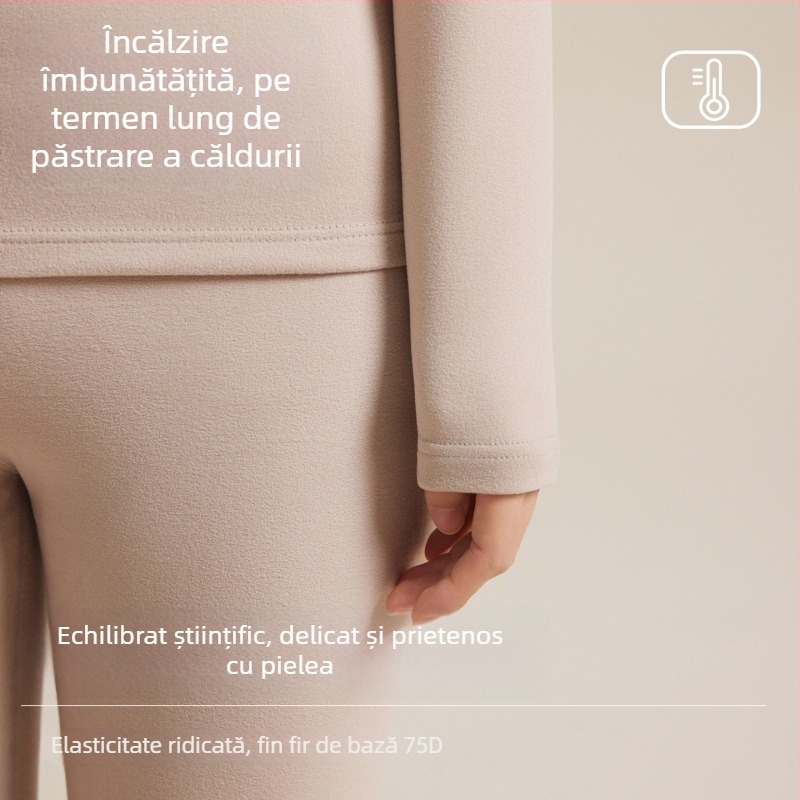 Set termic pentru femei de bază: top și pantaloni cu căptușeală din fleece, țesătură principală din poliester cu căptușeală elastan, gros de 181–200 g/m², menține căldura