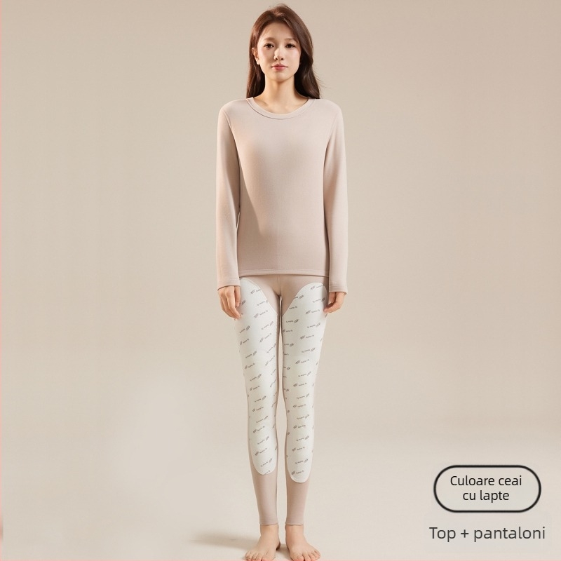 Set termic pentru femei de bază: top și pantaloni cu căptușeală din fleece, țesătură principală din poliester cu căptușeală elastan, gros de 181–200 g/m², menține căldura