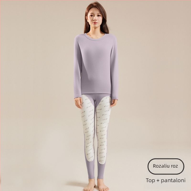 Set termic pentru femei de bază: top și pantaloni cu căptușeală din fleece, țesătură principală din poliester cu căptușeală elastan, gros de 181–200 g/m², menține căldura