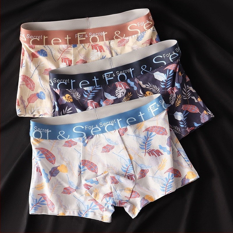 Boxeri bărbați din bumbac cu imprimeu floral, respirabili, antibacterieni, confortabili, talie medie